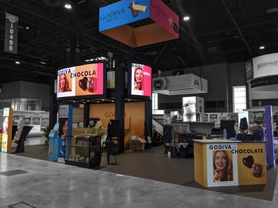 30x40 double deck exhibit booth for Godiva at Sweets & Snacks Show