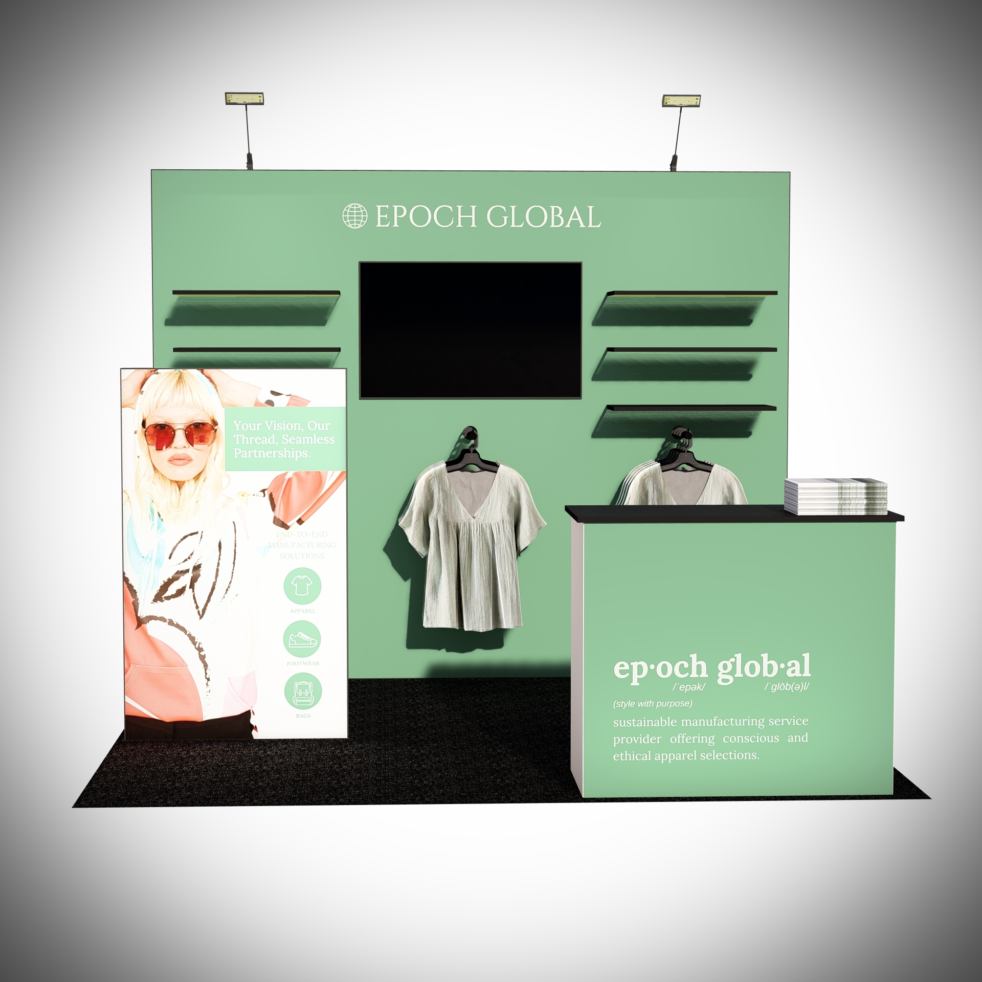 10x10 trade show booth example front view with shelves, TV and apparel racks