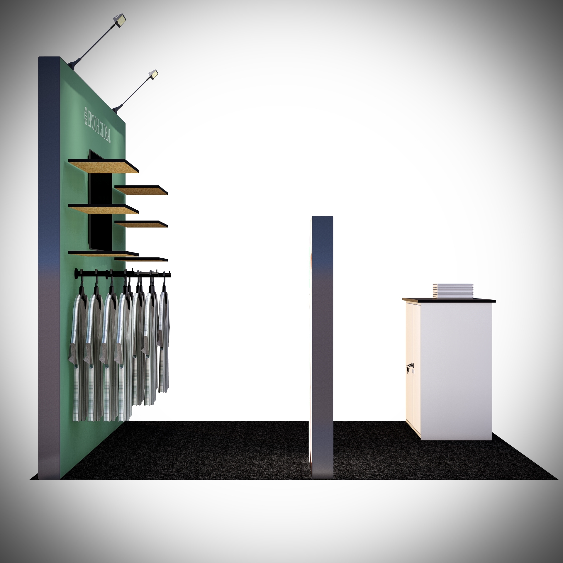 side view of 10x10 trade show booth includes backdrop with TV mount, shelves and hanging racks for apparel